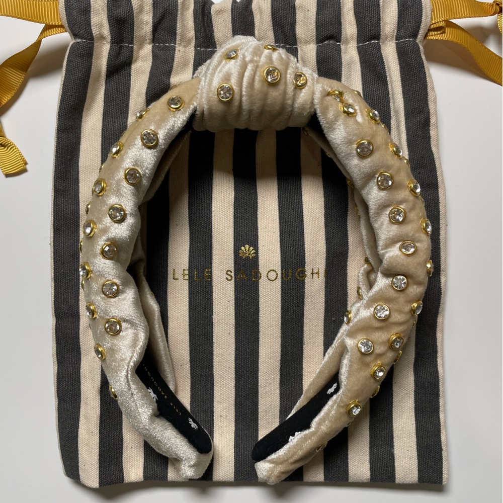 Lele Sadoughi Velvet Knotted Headband Ivory Gold with Crystal Embellishments